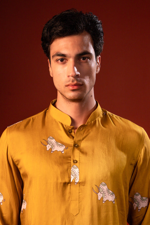 Eshaan — Mustard Printed Falling Raw Silk Kurta