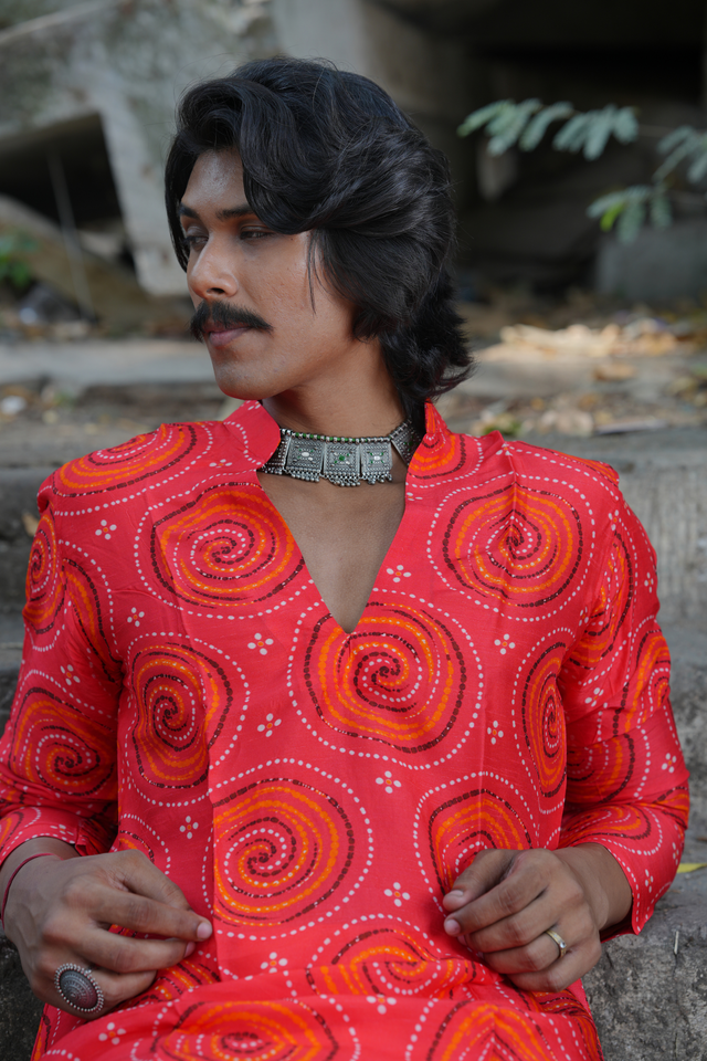 Tamra — Rani Pink Bandhej-Inspired Print Falling Raw Silk Kurta