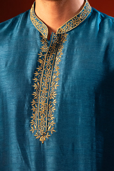 Manjari — Teal Blue Hand Embroidered Falling Raw Silk Kurta