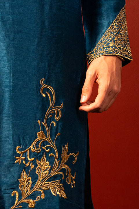 Manjari — Teal Blue Hand Embroidered Falling Raw Silk Kurta