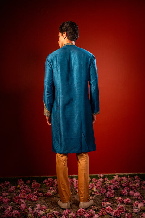 Manjari — Teal Blue Hand Embroidered Falling Raw Silk Kurta