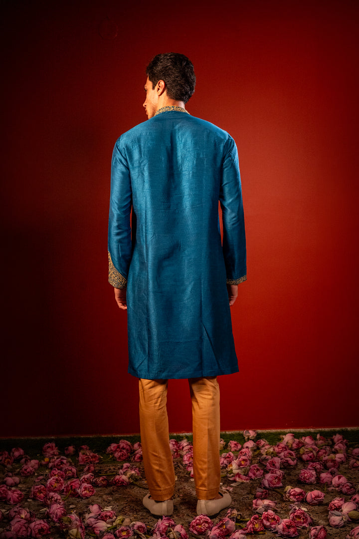 Manjari — Teal Blue Hand Embroidered Falling Raw Silk Kurta