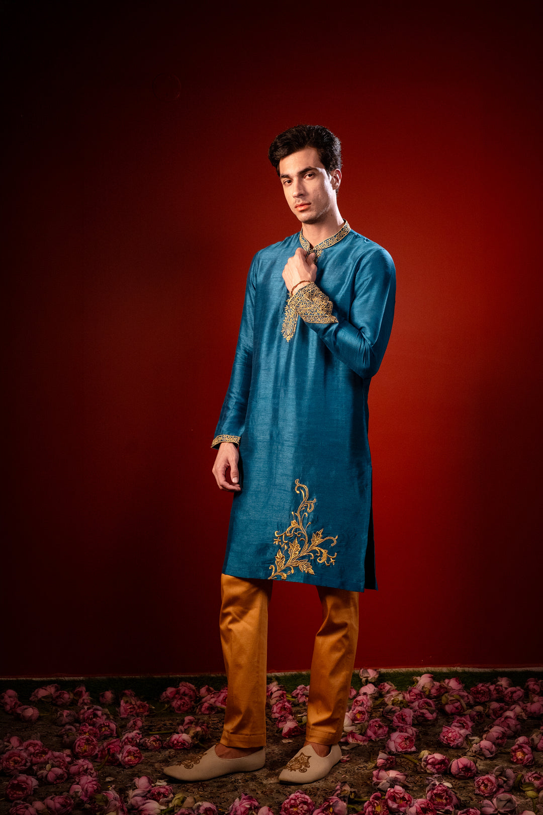 Manjari — Teal Blue Hand Embroidered Falling Raw Silk Kurta