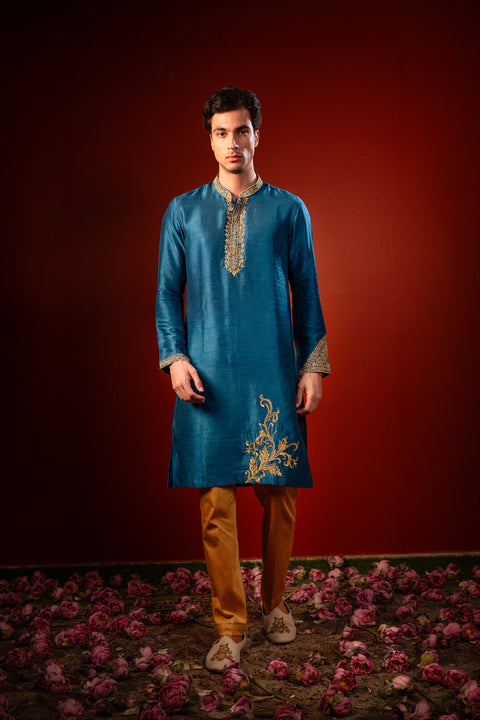 Manjari — Teal Blue Hand Embroidered Falling Raw Silk Kurta
