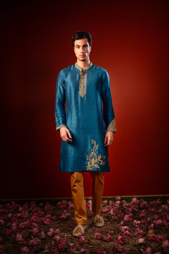 Manjari — Teal Blue Hand Embroidered Falling Raw Silk Kurta