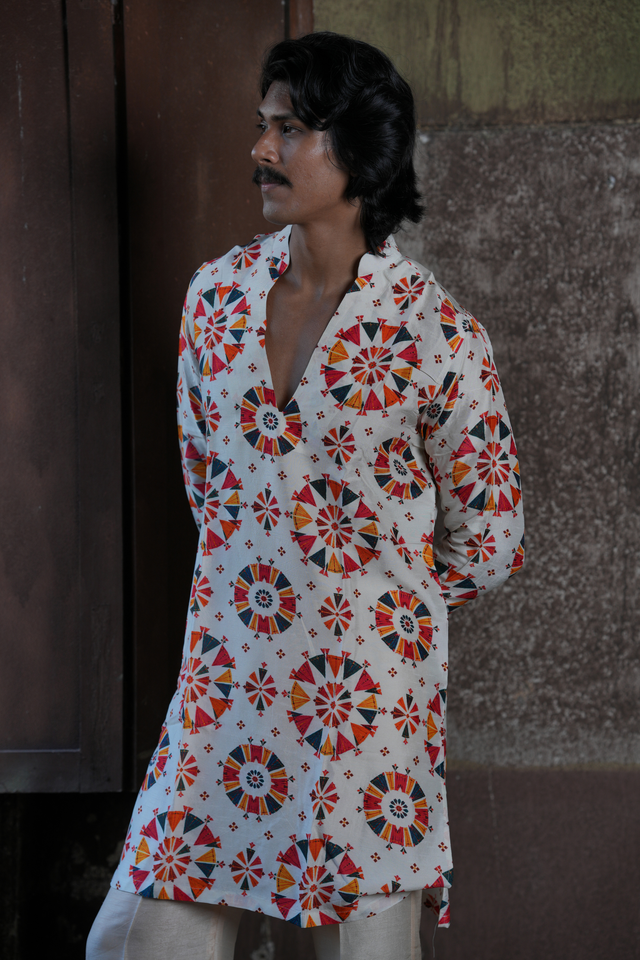 Chakrika — Ivory Folk-Inspired Chakra Print Falling Raw Silk Kurta