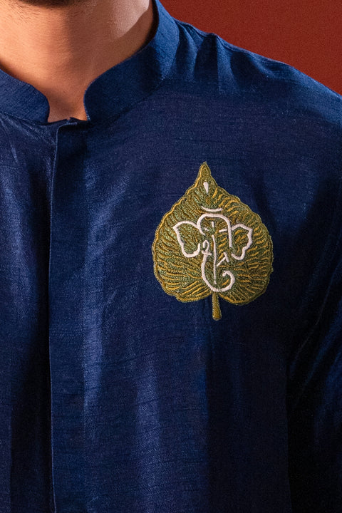 Durja — Navy Thread Embroidered Falling Raw Silk Kurta