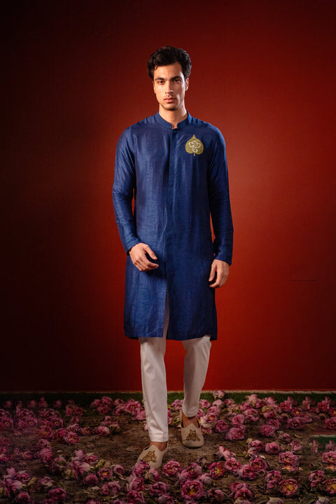 Durja — Navy Thread Embroidered Falling Raw Silk Kurta