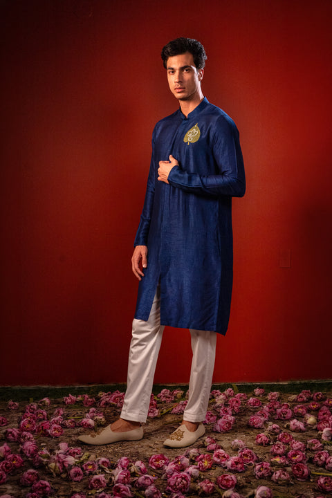 Durja — Navy Thread Embroidered Falling Raw Silk Kurta