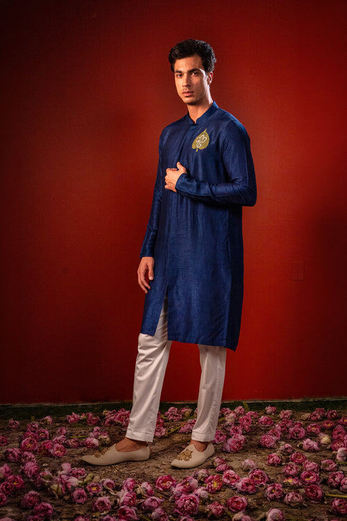 Durja — Navy Thread Embroidered Falling Raw Silk Kurta