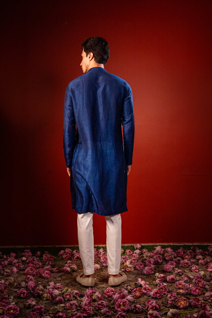 Durja — Navy Thread Embroidered Falling Raw Silk Kurta