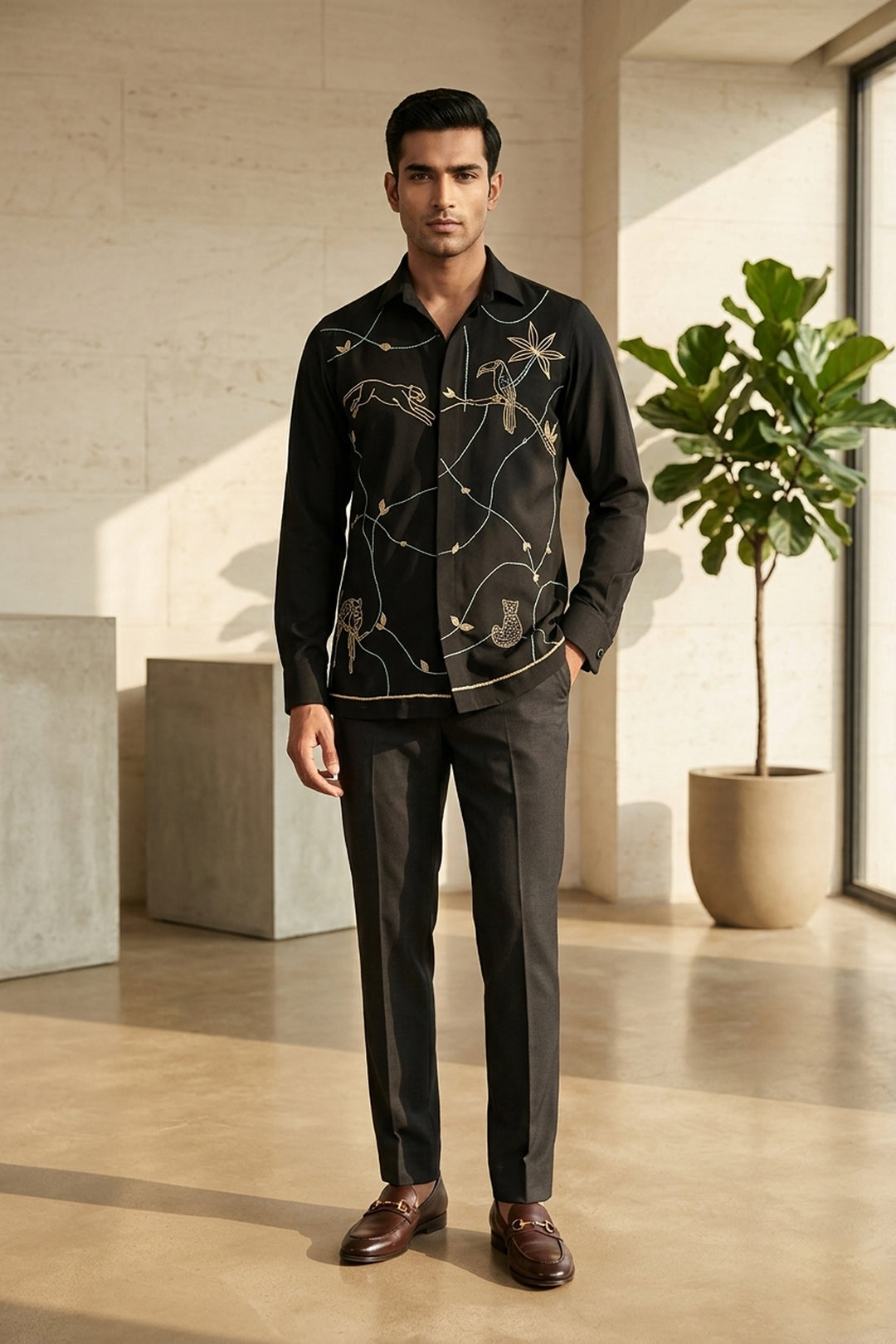 Serein — Black Thread Embroidered 4-Way Stretch Shirt