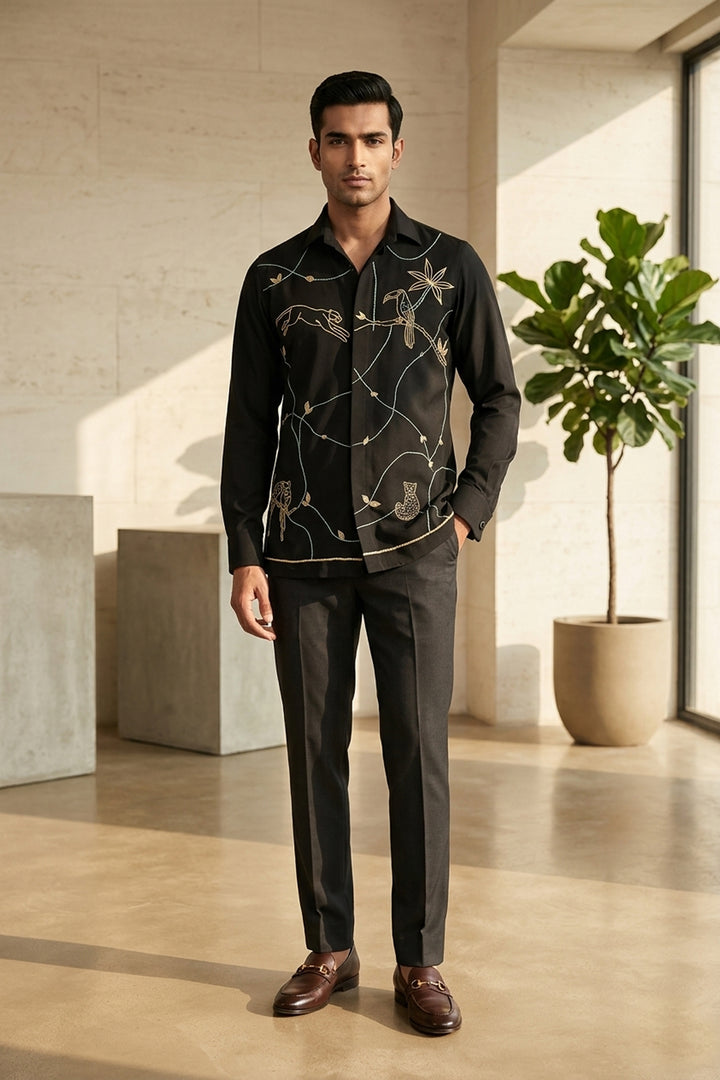 Serein — Black Thread Embroidered 4-Way Stretch Shirt
