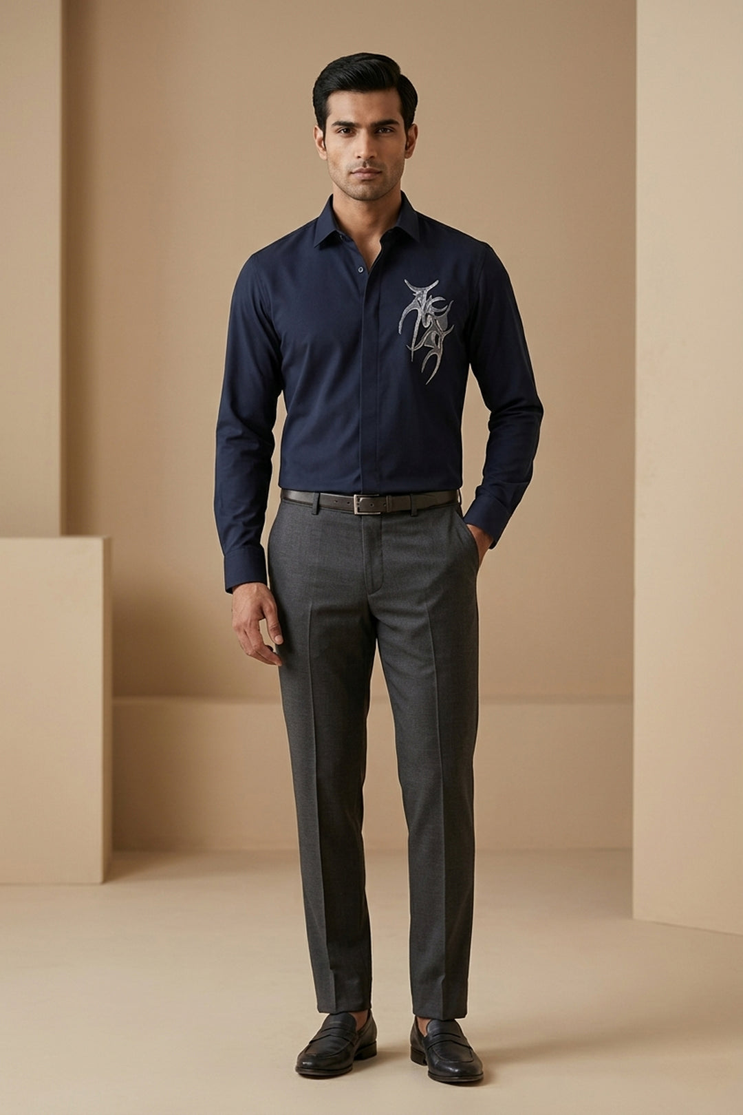 Vael — Midnight Blue Thread Embroidered 4-Way Stretch Shirt