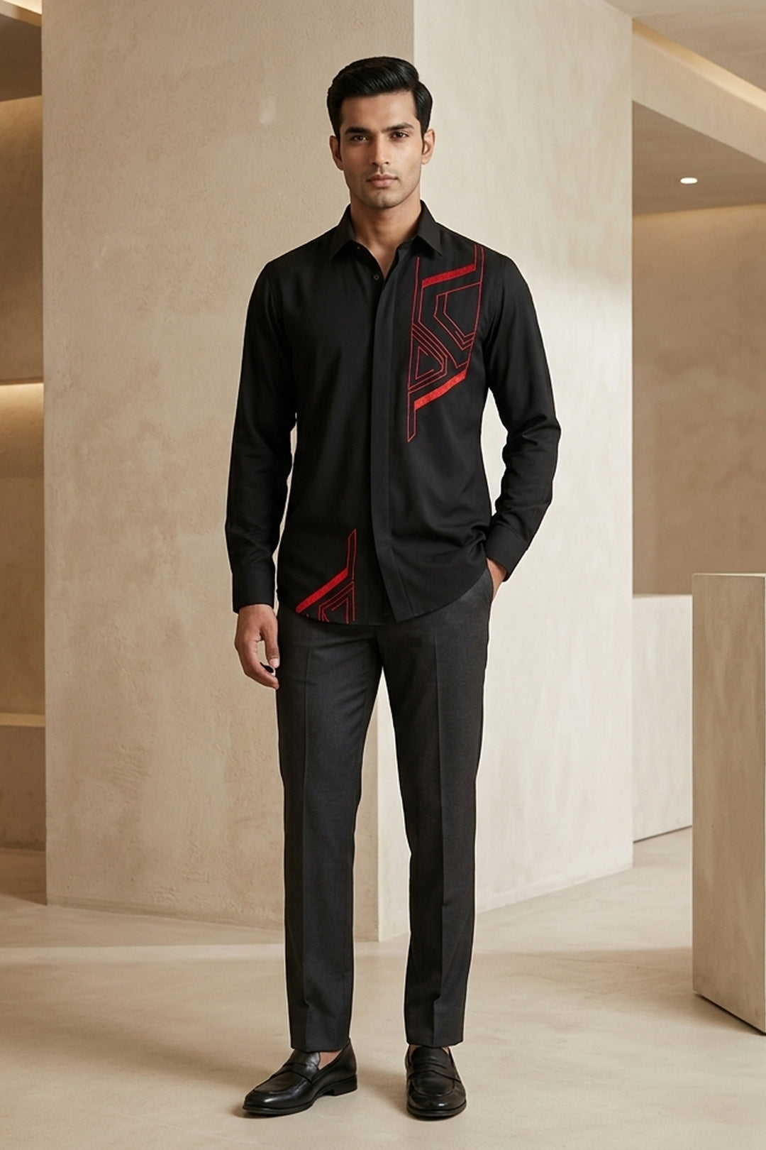 Axton — Black Thread Embroidered 4-Way Stretch Shirt
