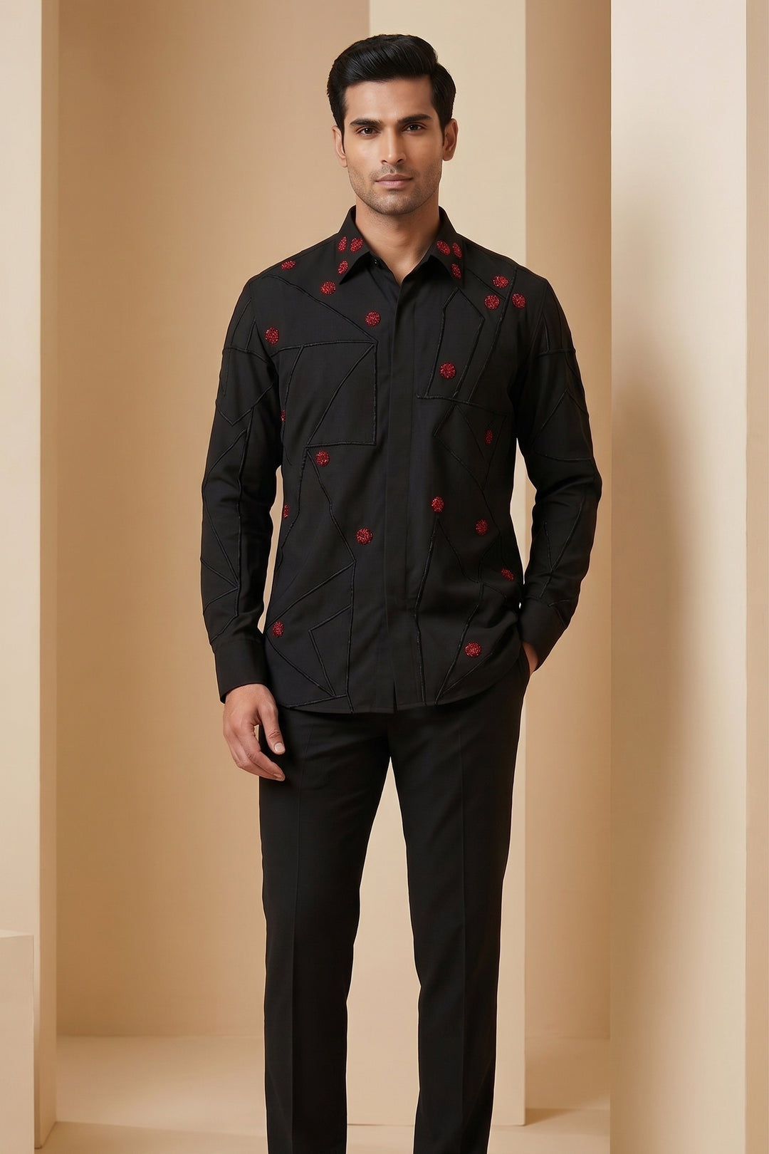 Zyra — Black Hand &amp; Thread Embroidered 4-Way Stretch Shirt