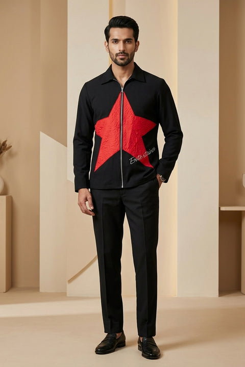 Enzo — Black Thread Embroidered British Fabric Shacket