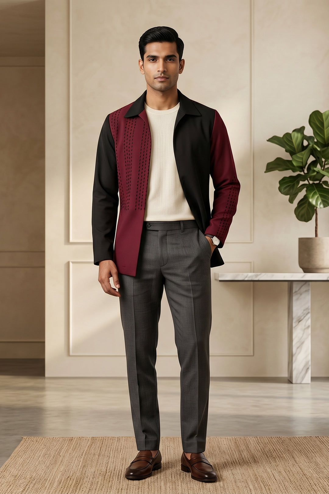 Shadeform Burgundy Geometric Embroidered Shacket