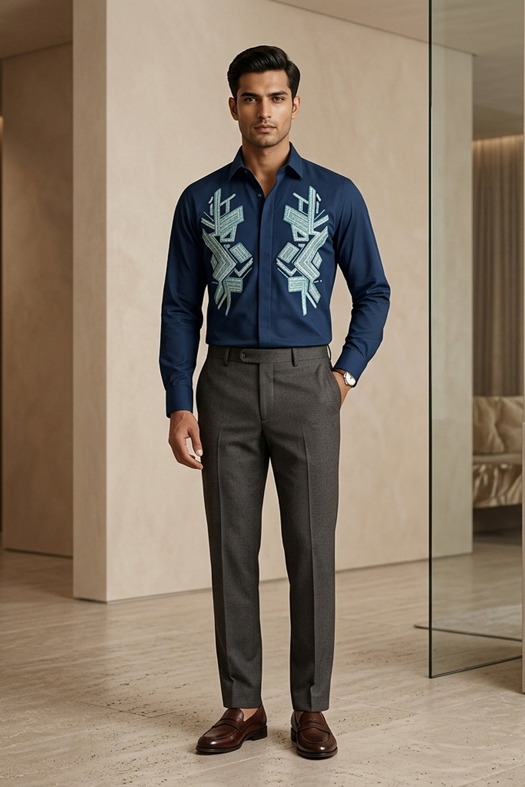 Azrak — Blue Thread Embroidered 4-Way Stretch Shirt