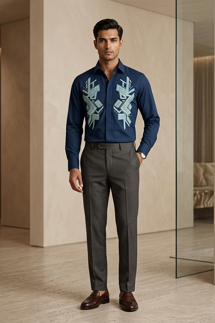 Azrak — Blue Thread Embroidered 4-Way Stretch Shirt