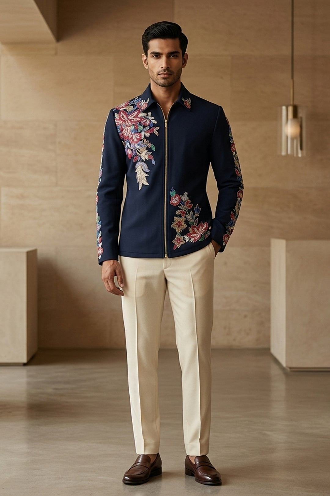 Roman Midnight Blue Botanical Hand Embroidered Shacket
