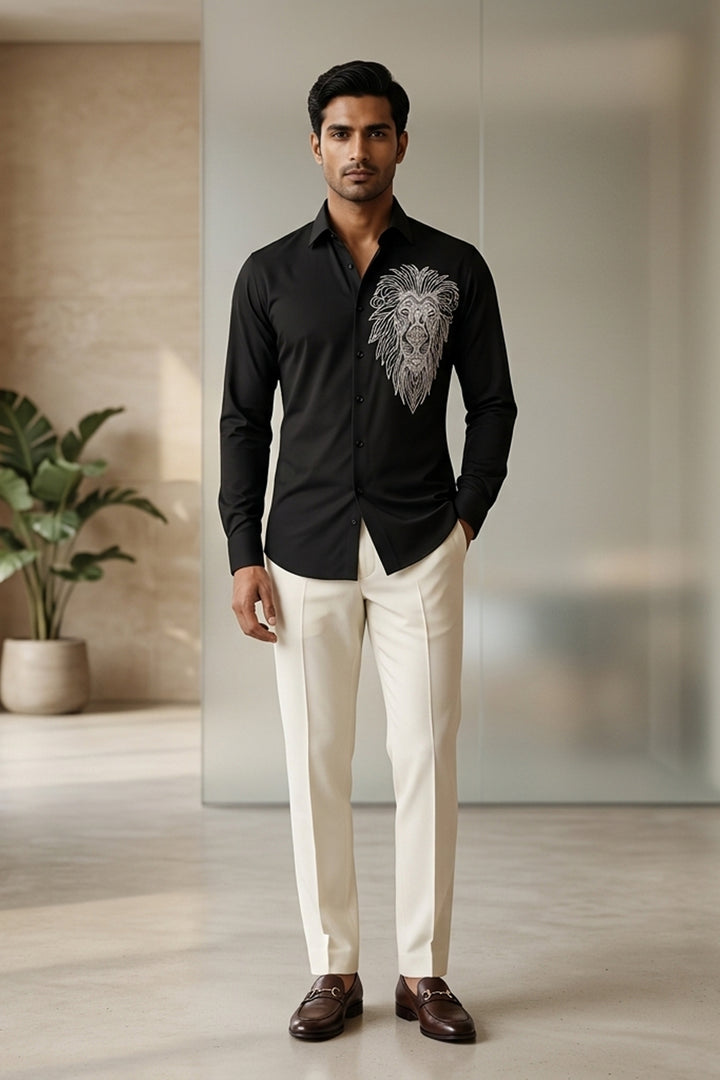 Leoir — Black Hand Embroidered 4-Way Stretch Shirt