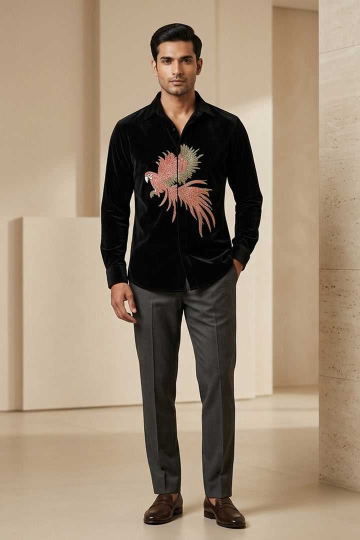 Velour — Black Hand Embroidered British Fabric Shirt