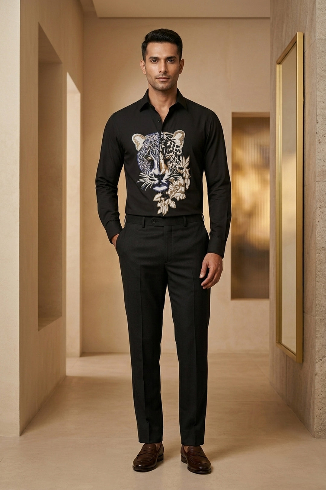 Strix — Black Hand Embroidered 4-Way Stretch Shirt