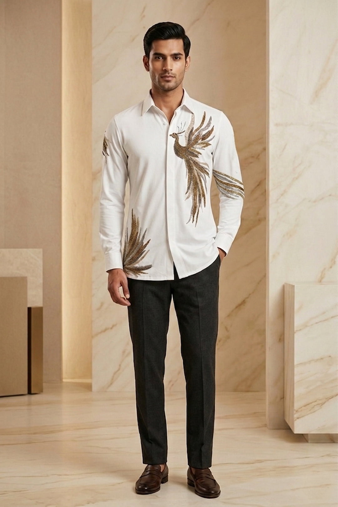 Plumage White Hand Embroidered Shirt