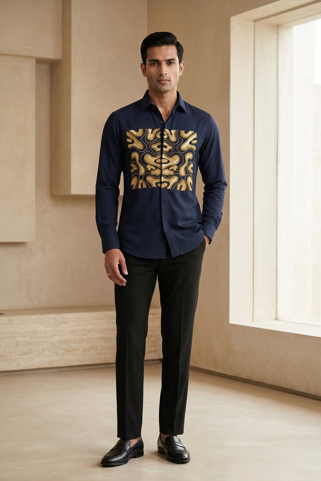 Molten Midnight Blue Hand Embroidered Shirt