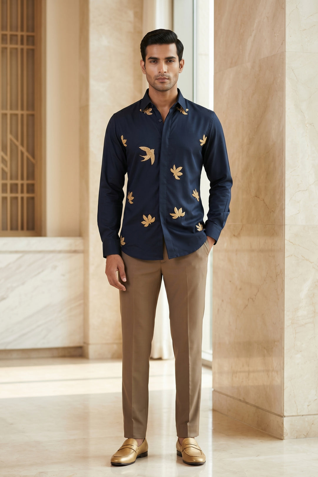 Crest Midnight Blue Hand Embroidered Shirt