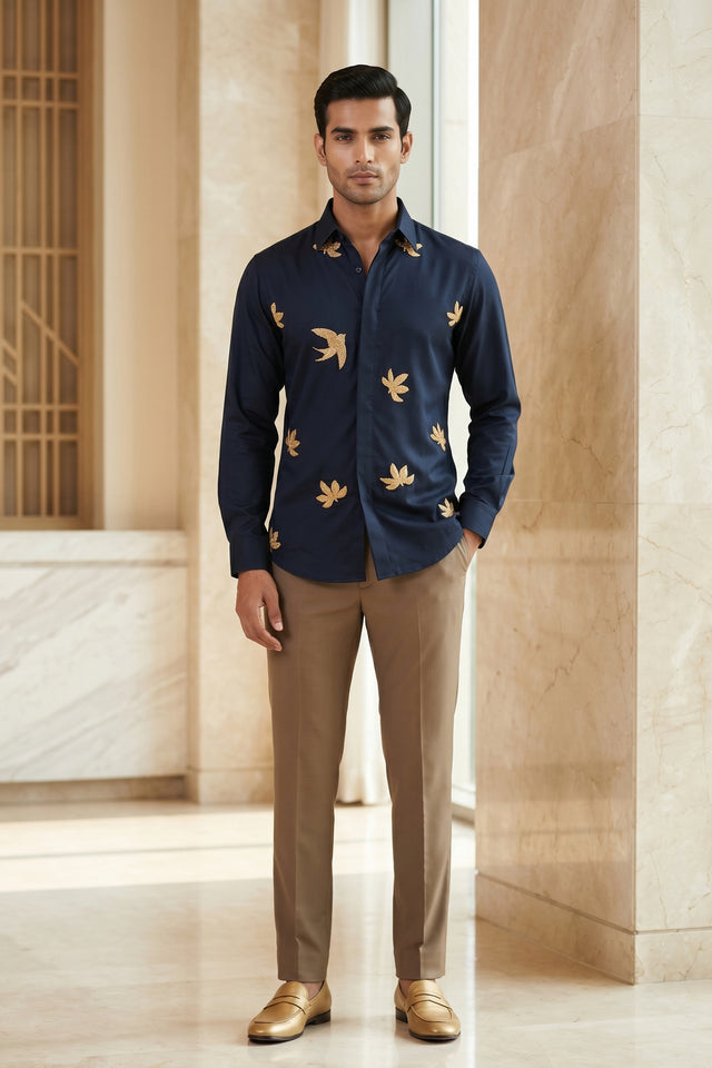 Crest Midnight Blue Hand Embroidered Shirt