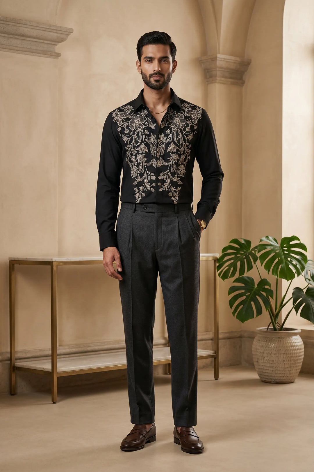 Vine Black Thread Embroidered Shirt