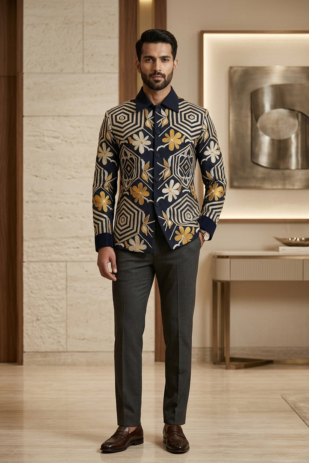 Nyro — Midnight Blue Thread Embroidered British Fabric Shacket