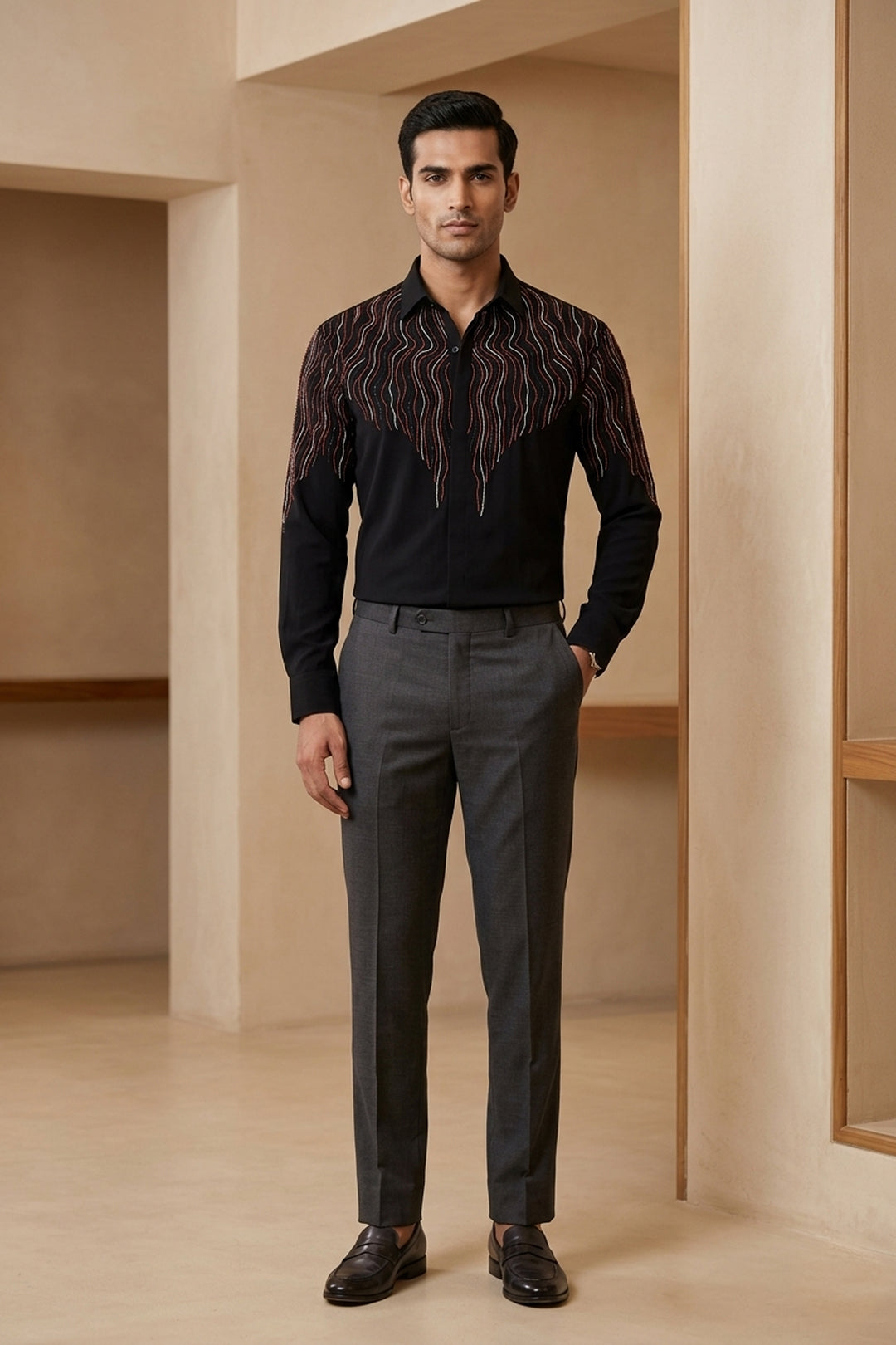 Waveform — Black Hand Embroidered British Fabric Shirt