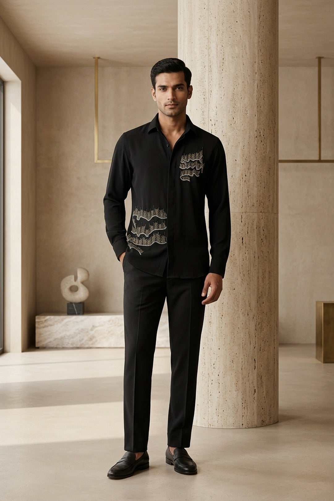 Echo Lines — Black Hand Embroidered British Fabric Shirt