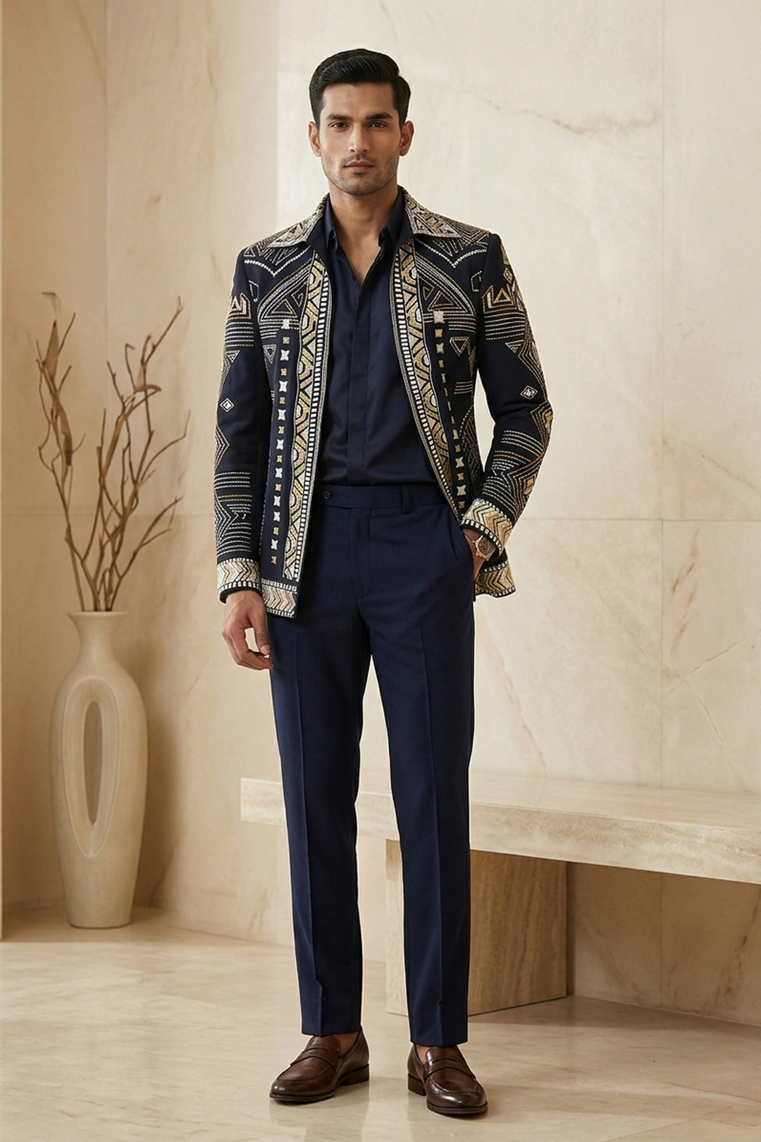 Alaric — Midnight Blue Thread Embroidered 4-Way Stretch Shacket