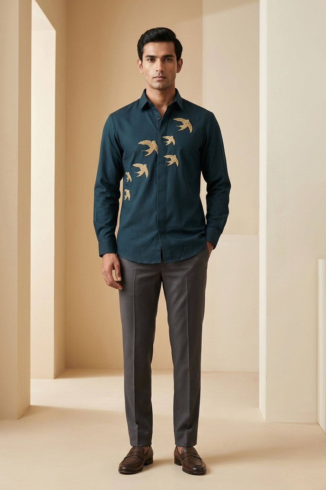 Sky Trace — Teal Green Hand Embroidered 4-Way Stretch Shirt