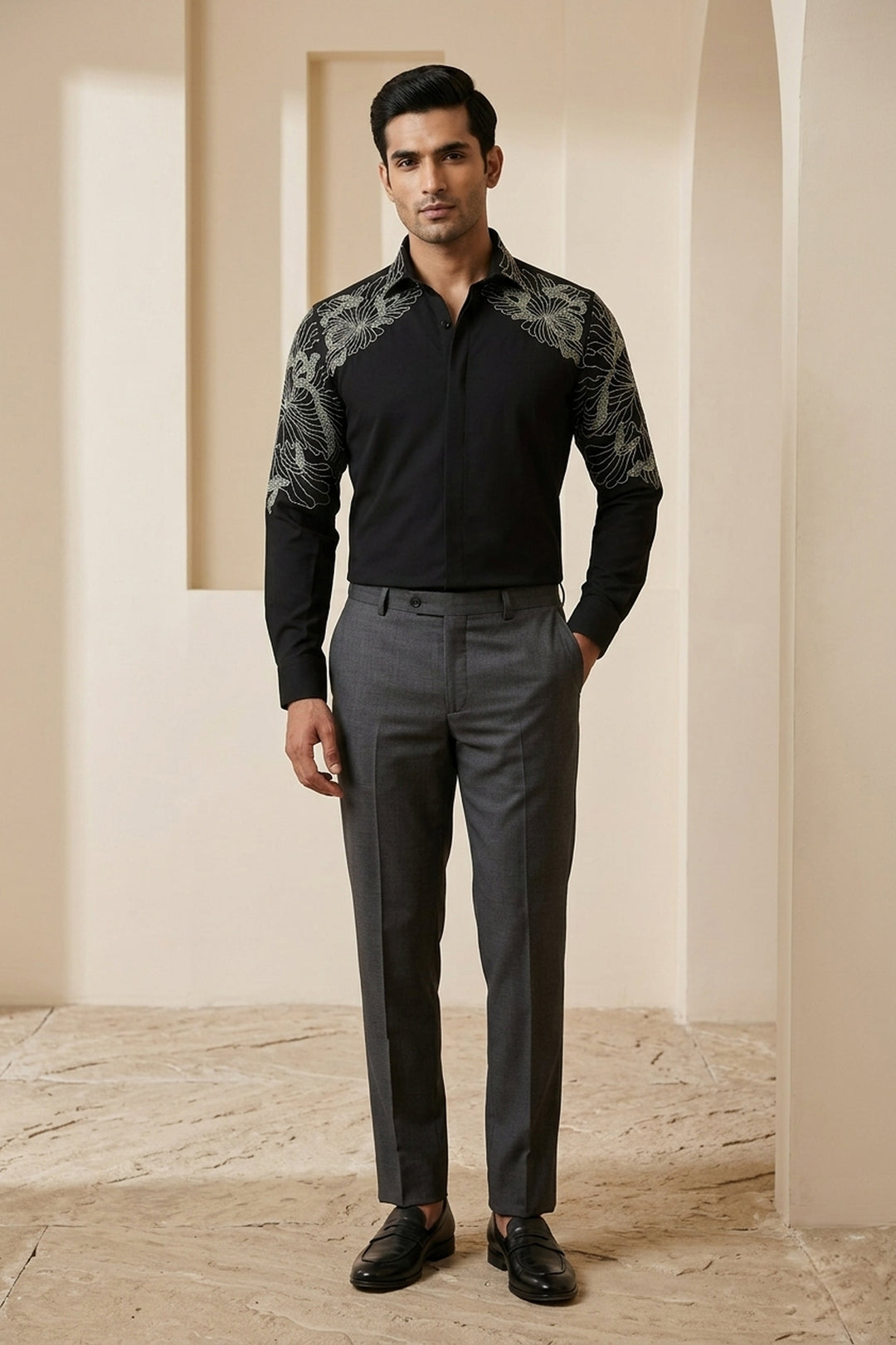 Solaro Black Hand Embroidered British Shirt