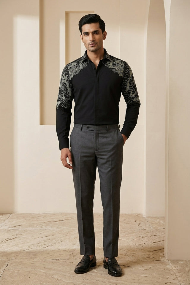 Solaro Black Hand Embroidered British Shirt
