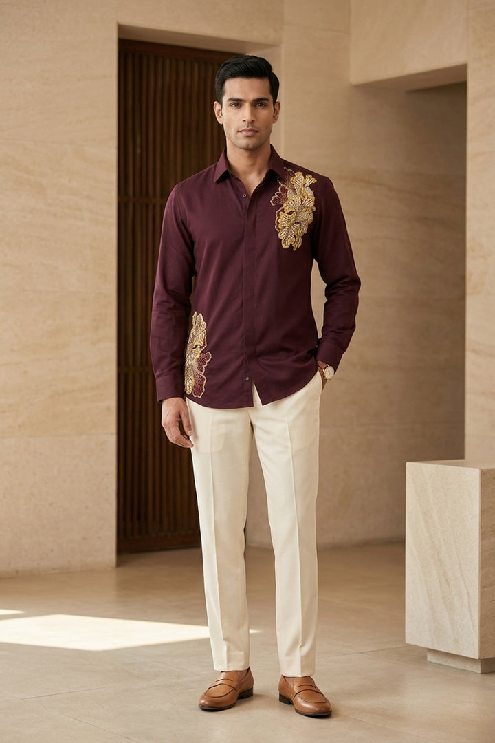Regal Vine Burgundy Hand Embroidered Shirt