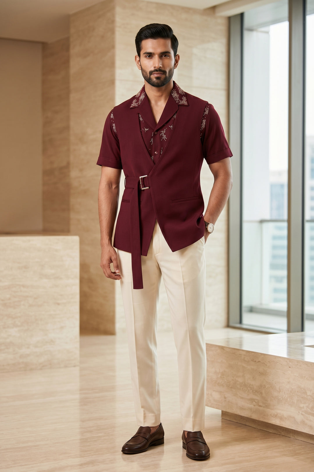 Zayro Maroon Thread Embroidered Shirt