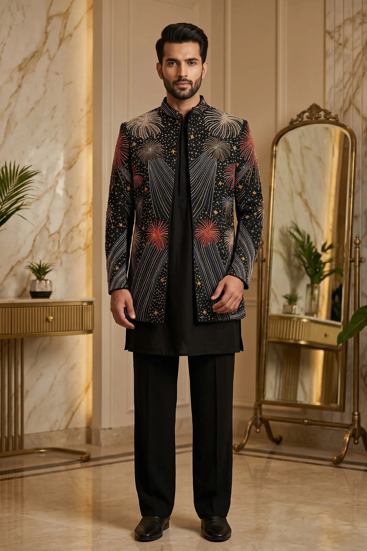 Fireveil — Black Hand Embroidered British Fabric Sherwani Set