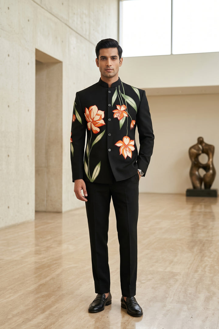 Liora — Black Embroidered Armani Fabric Bandhgala