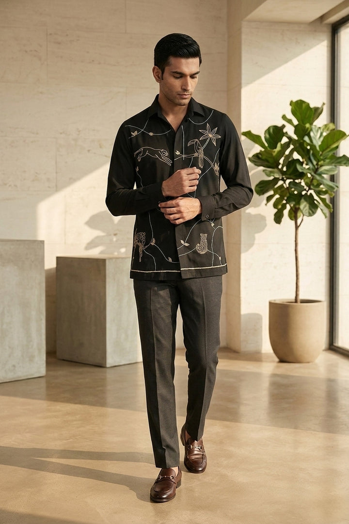 Serein — Black Thread Embroidered 4-Way Stretch Shirt