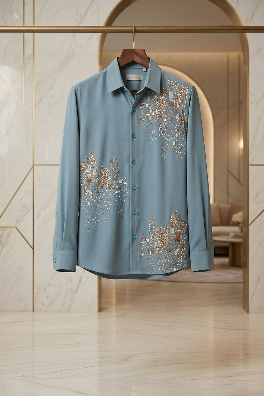 Celio — Sea Green Thread Embroidered British Fabric Shirt. By HILO DESIGN.