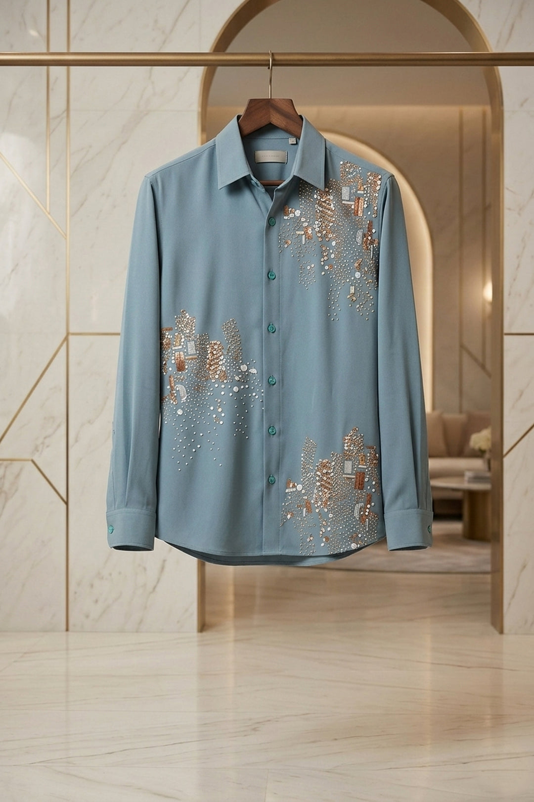 Celio — Sea Green Thread Embroidered British Fabric Shirt. By HILO DESIGN.