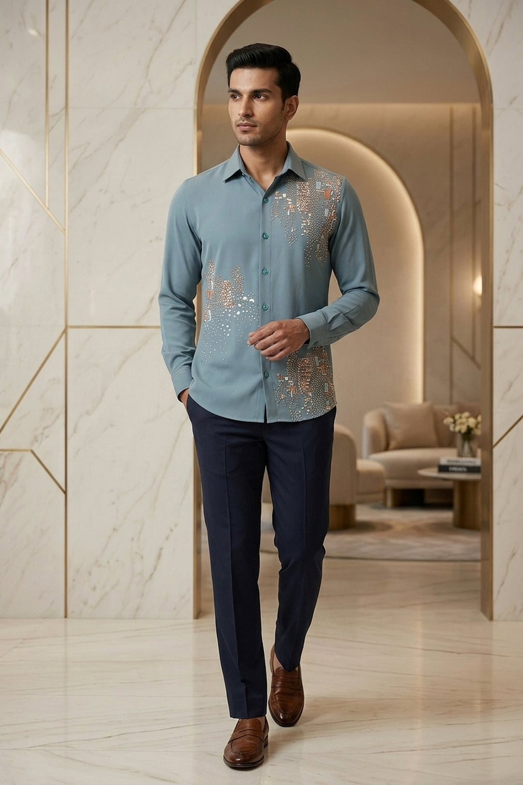 Celio — Sea Green Thread Embroidered British Fabric Shirt. By HILO DESIGN.