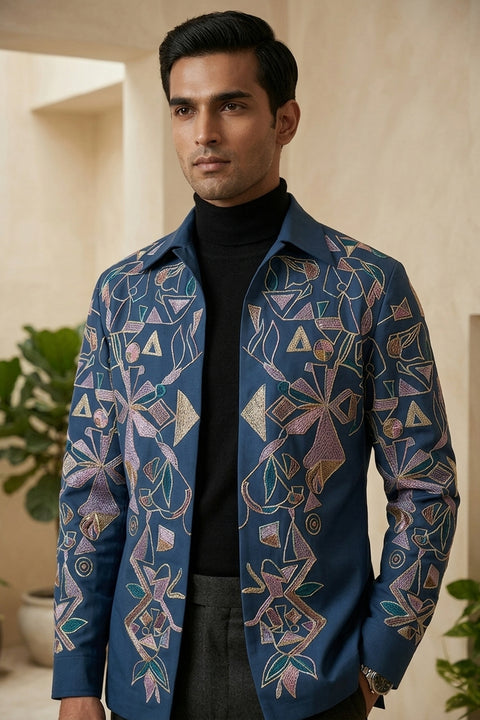 Savio — Sea Blue Thread Embroidered 4-Way Stretch Shacket