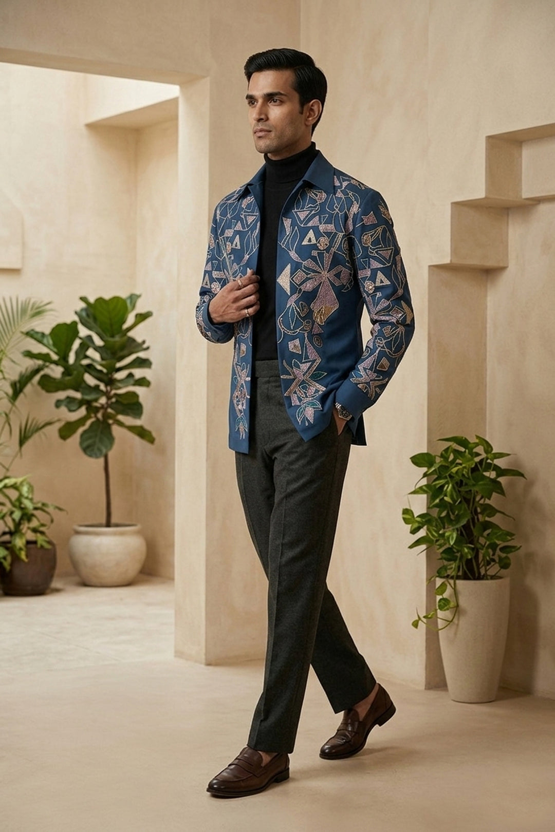 Savio — Sea Blue Thread Embroidered 4-Way Stretch Shacket